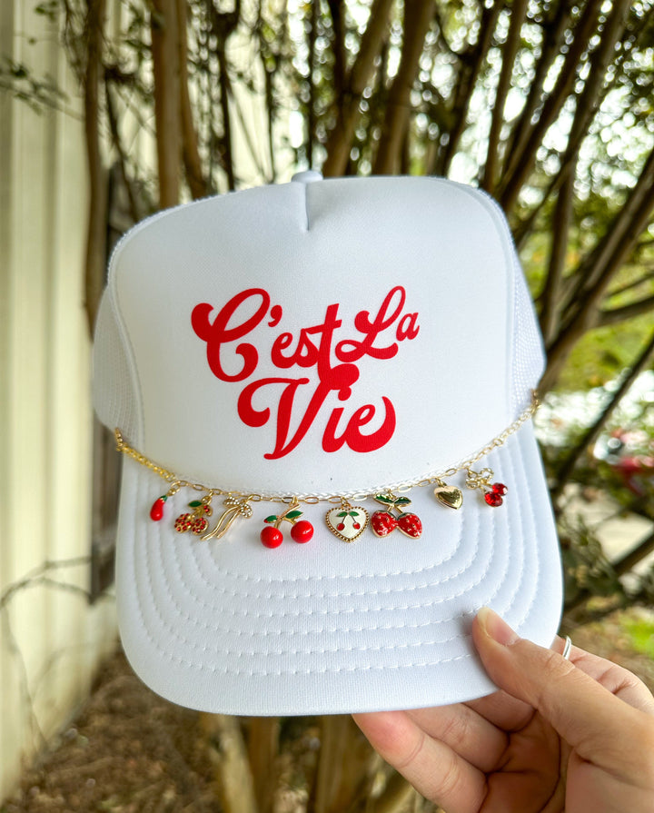 C'est La Vie White Trucker - Luxe Cherry Charm Chain