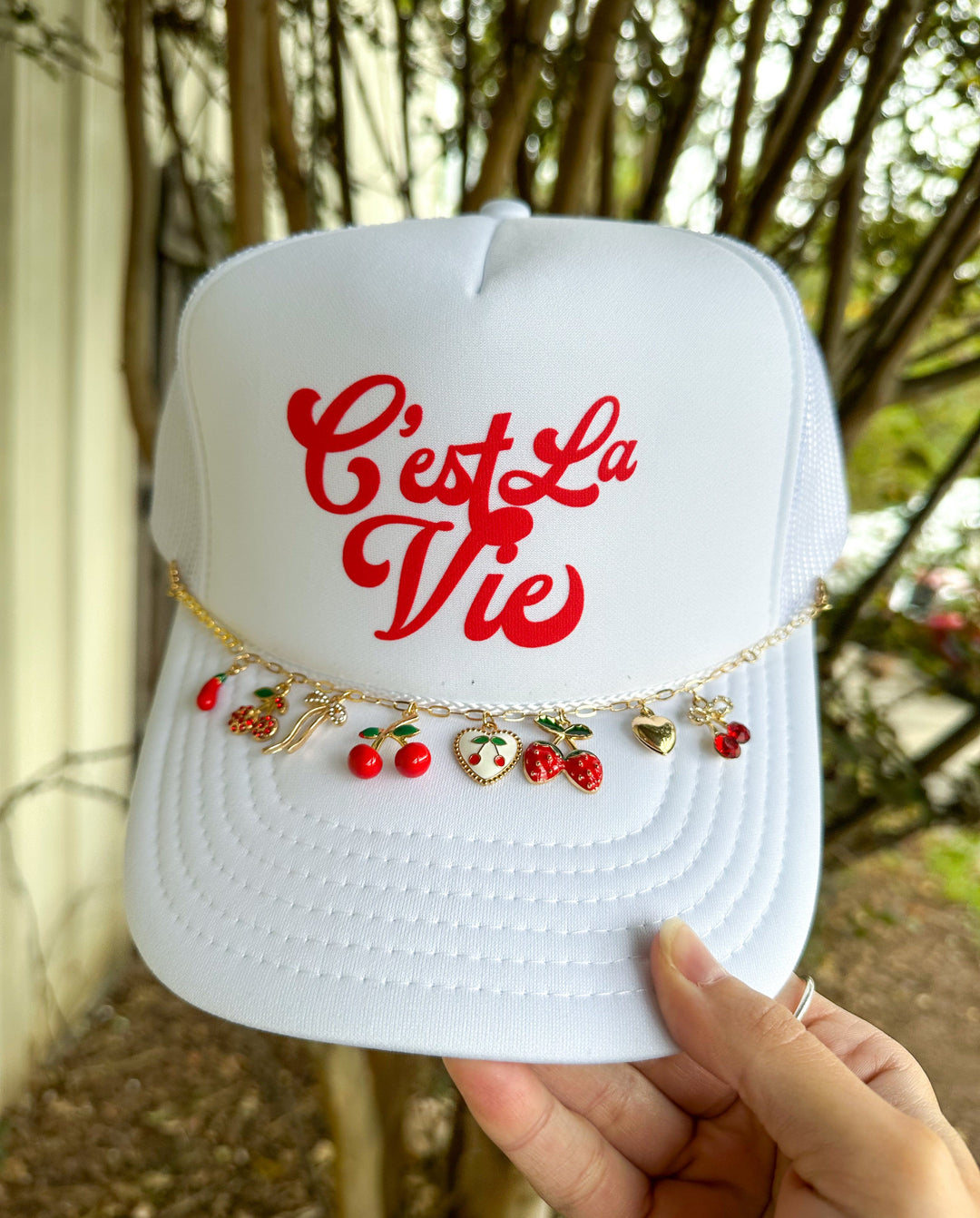 C'est La Vie White Trucker - Luxe Cherry Charm Chain