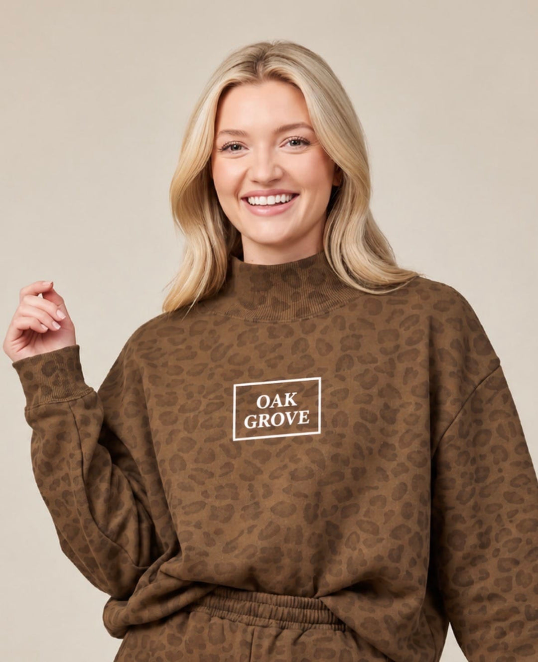 PREORDER ITEM (Estimated ship date 11/10) OAK GROVE Brown Leopard Mock Neck Sweatshirt