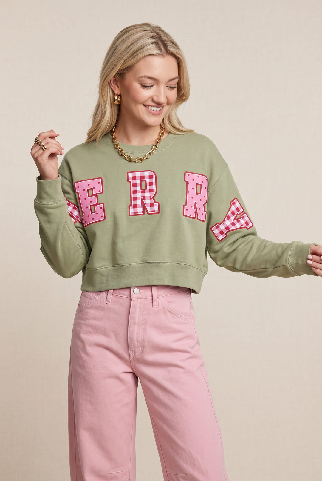 Merry Christmas Patch Pistachio Crop Sweatshirt