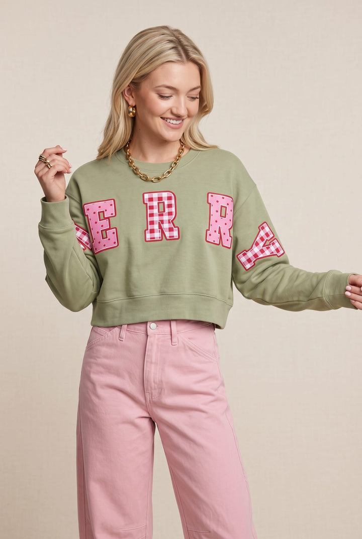 Merry Christmas Patch Pistachio Crop Sweatshirt