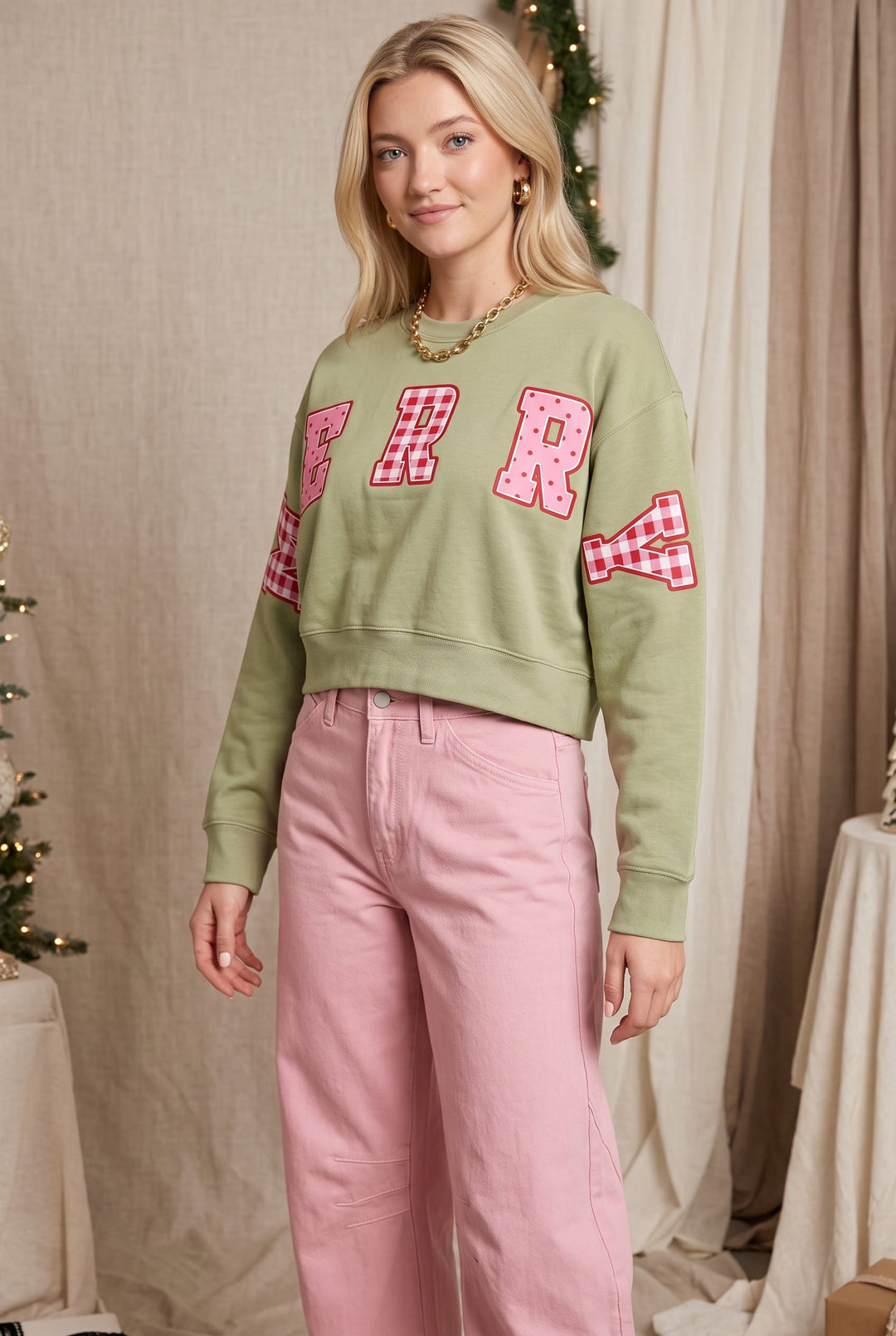 Merry Christmas Patch Pistachio Crop Sweatshirt