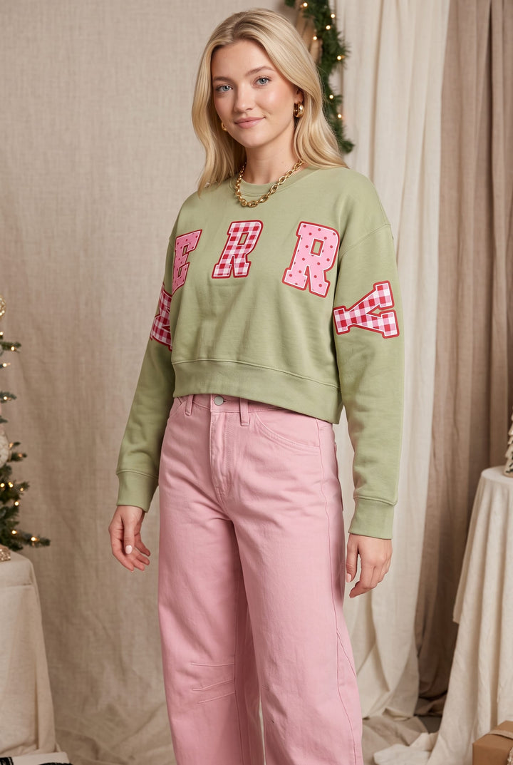 Merry Christmas Patch Pistachio Crop Sweatshirt