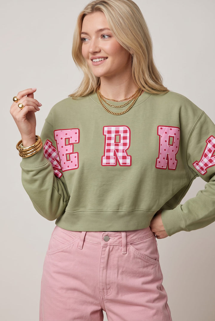 Merry Christmas Patch Pistachio Crop Sweatshirt