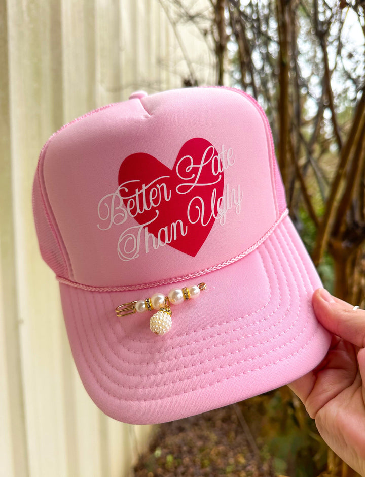 Better Late Than Ugly Light Pink Trucker