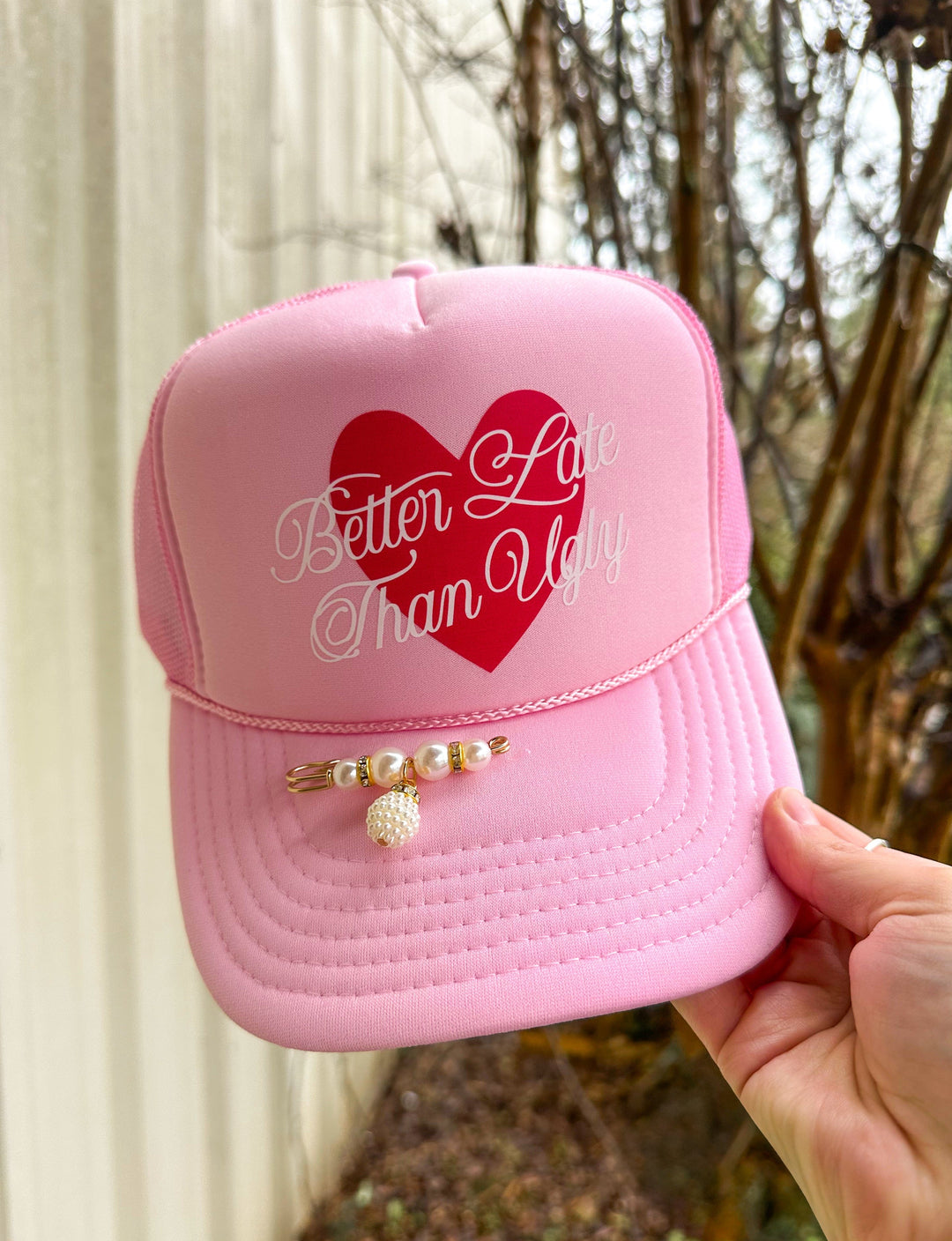 Better Late Than Ugly Light Pink Trucker