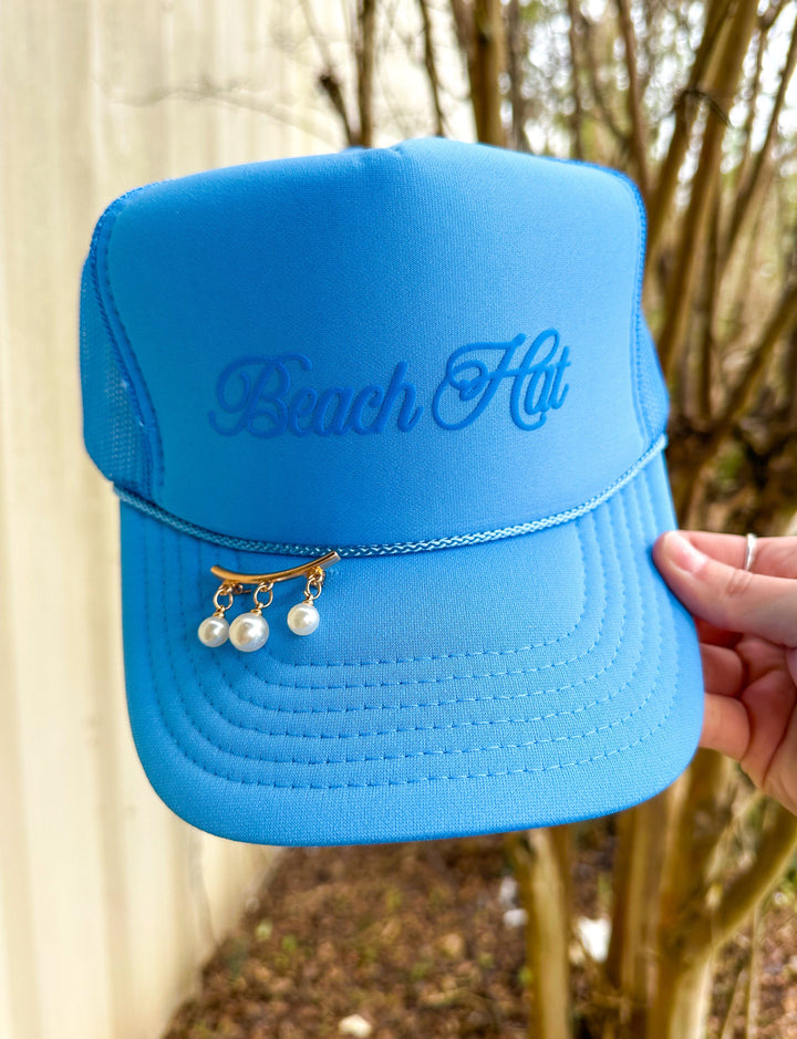 Beach Hat Cursive Columbia Blue Trucker