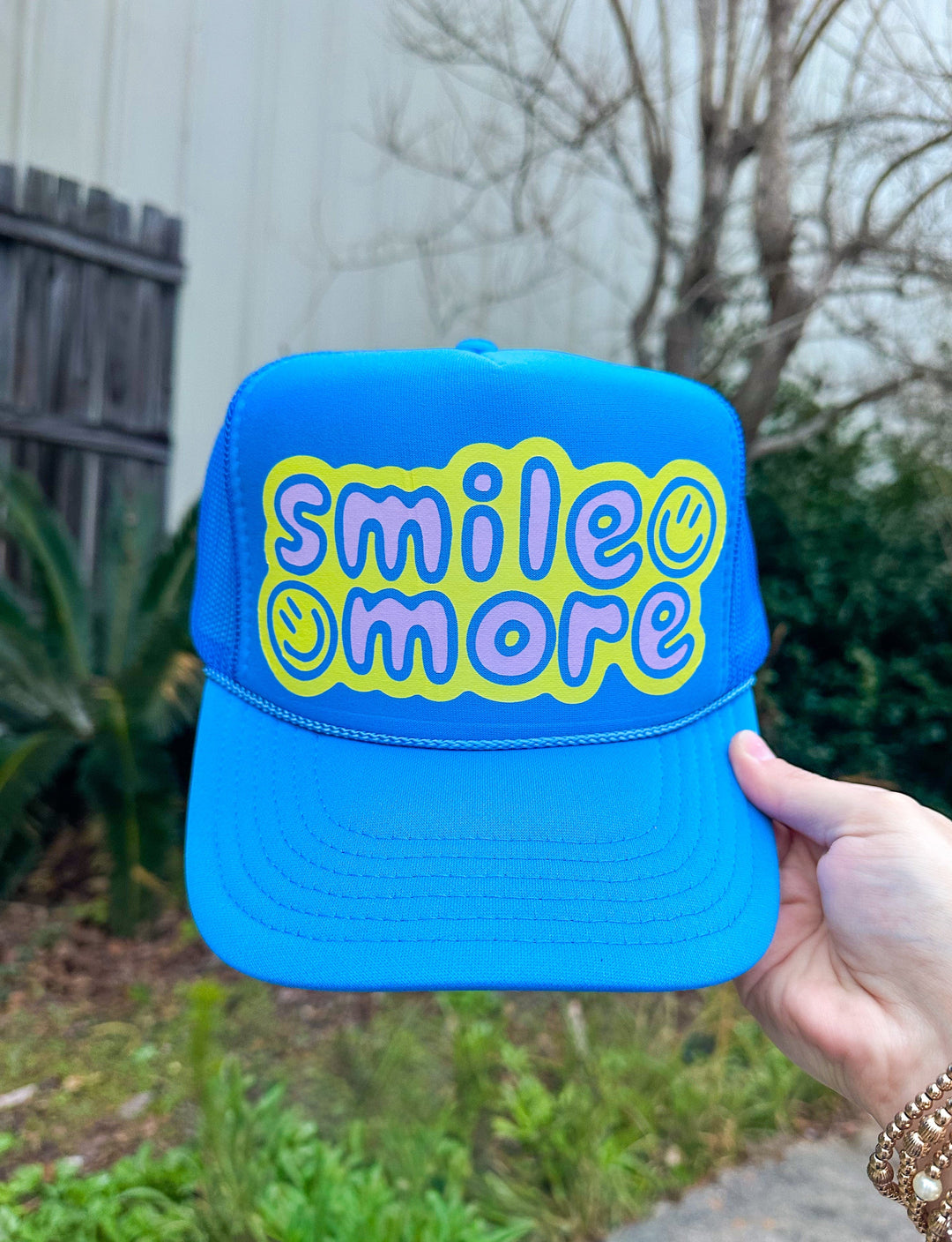 Smile More Columbia Blue Trucker