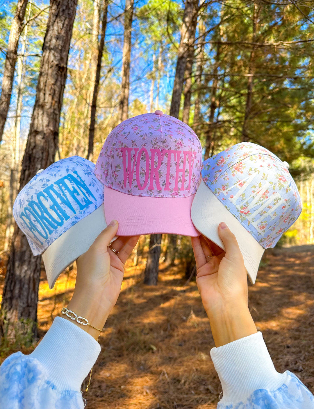 FORGIVEN Floral White/Light Blue Trucker Hat