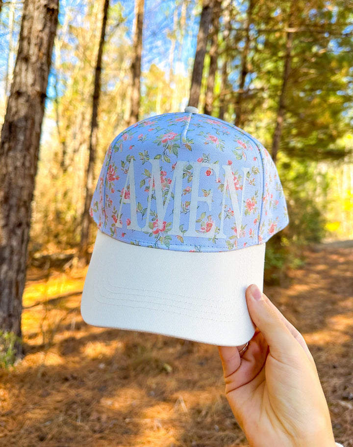 AMEN Floral Coral/ Light Blue Trucker Hat