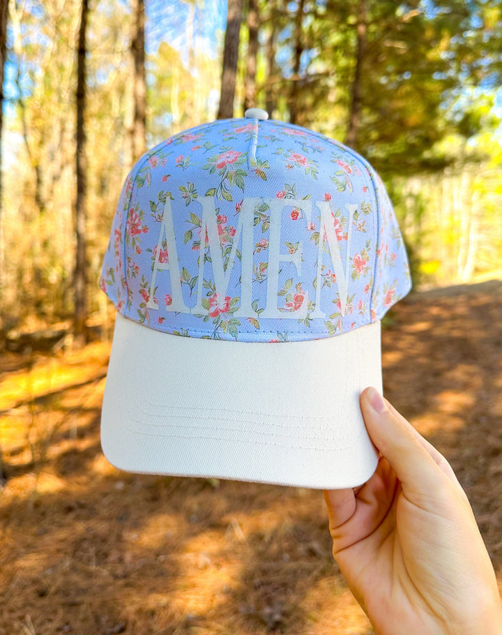 AMEN Floral Coral/ Light Blue Trucker Hat