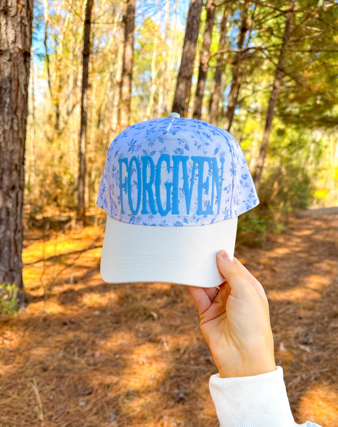FORGIVEN Floral White/Light Blue Trucker Hat