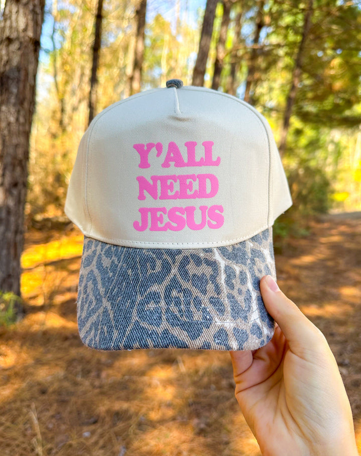 Y'all Need Jesus Washed Leopard Canvas Trucker Hat