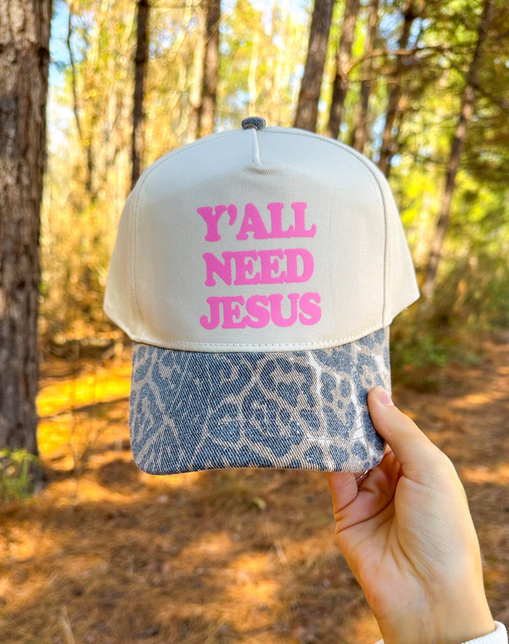 Y'all Need Jesus Washed Leopard Canvas Trucker Hat