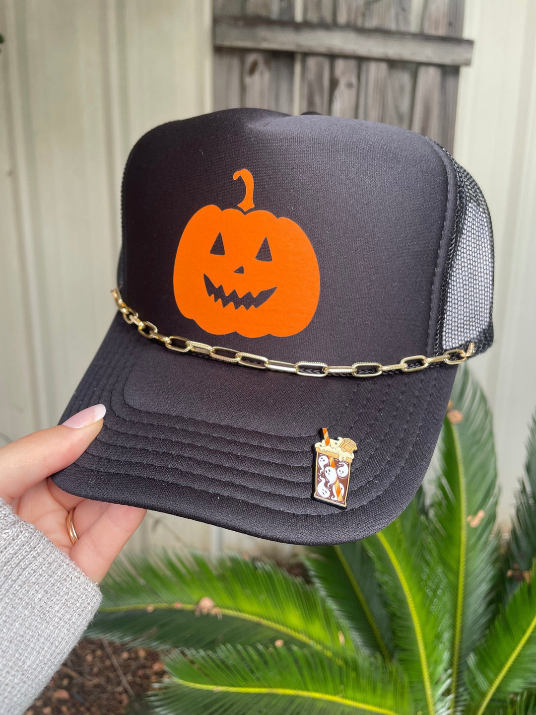 Pumpkin Face Black Trucker Hat