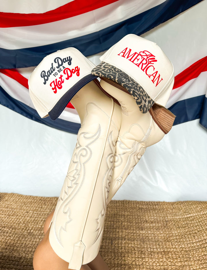 Red, White, & Blonde Cream/Navy Canvas Trucker