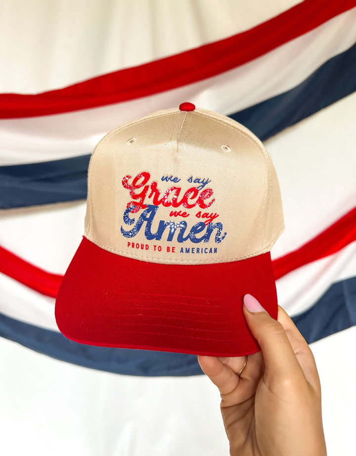 We Say Grace We Say Amen Khaki/ Red Canvas Trucker