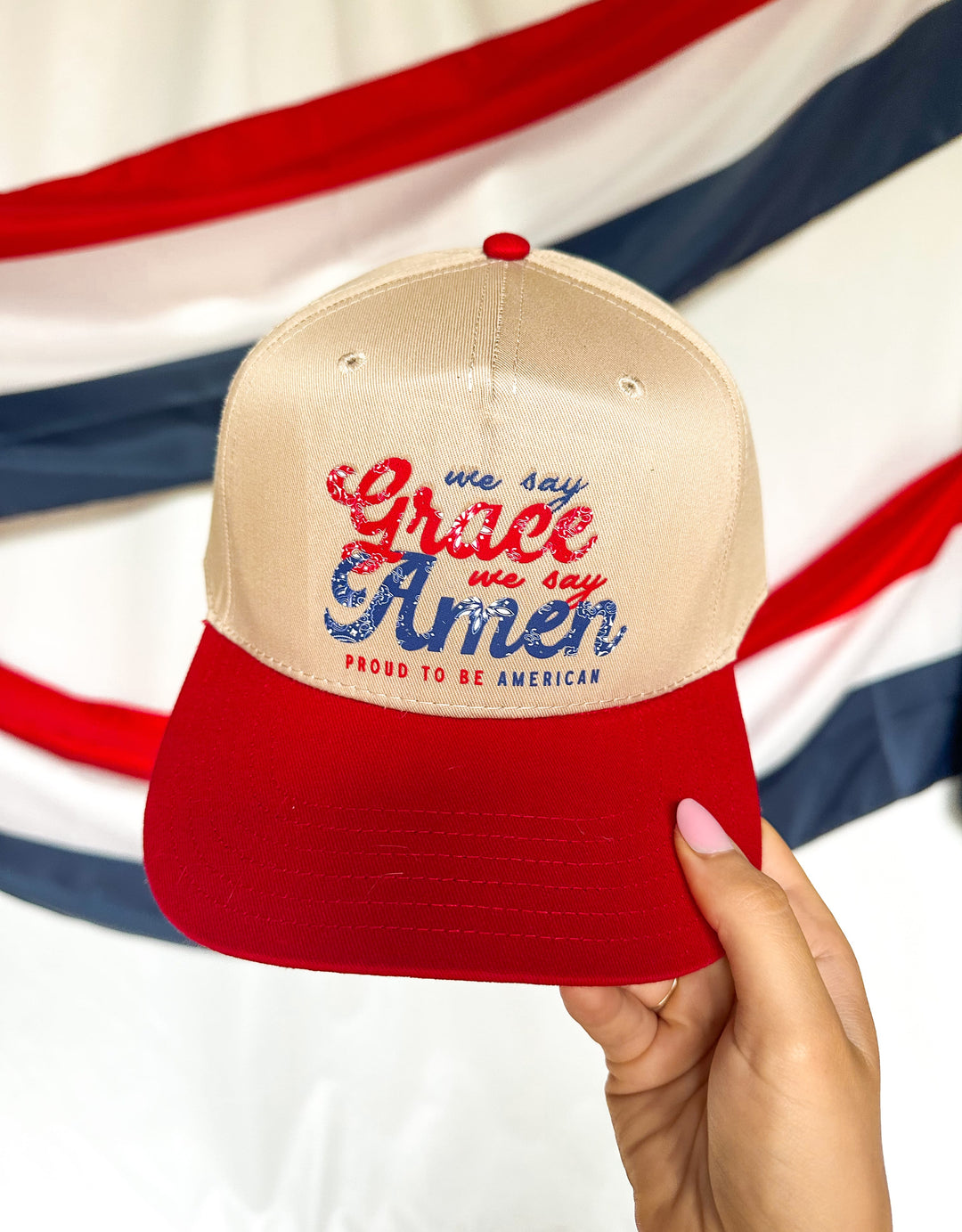We Say Grace We Say Amen Khaki/ Red Canvas Trucker