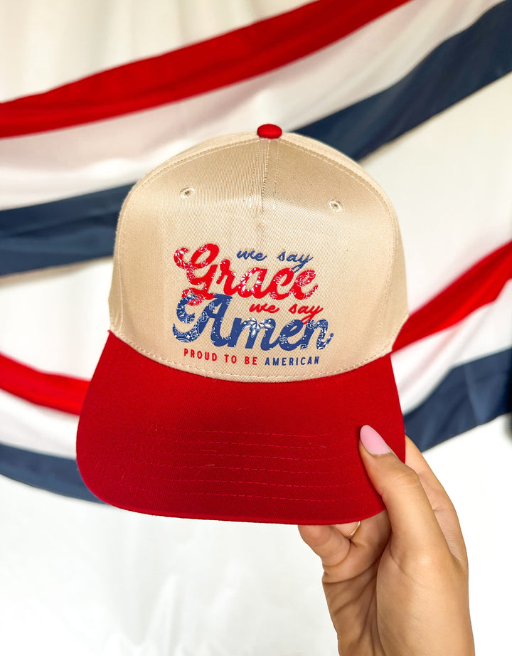 We Say Grace We Say Amen Khaki/ Red Canvas Trucker