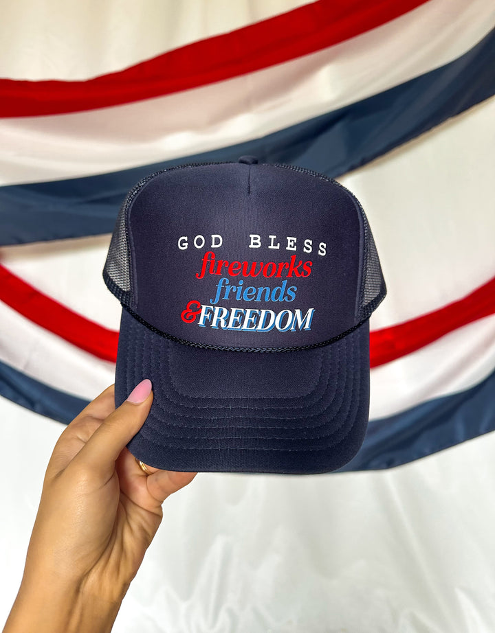 God Bless Fireworks Friends & Freedom Navy Trucker Hat