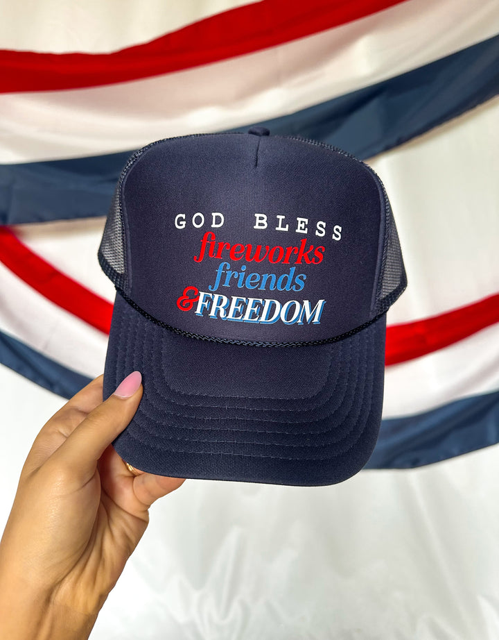 God Bless Fireworks Friends & Freedom Navy Trucker Hat