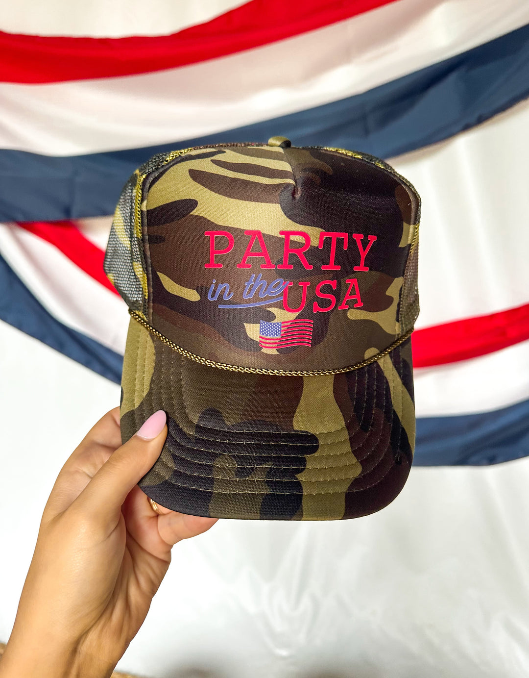 Party In The USA Flag Full Camo Trucker Hat