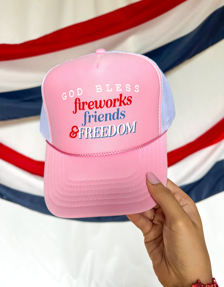 God Bless Fireworks Friends & Freedom Light Pink/ White Trucker Hat