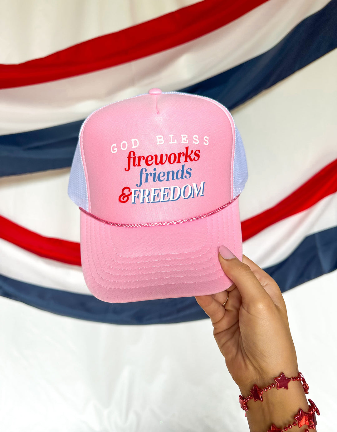 God Bless Fireworks Friends & Freedom Light Pink/ White Trucker Hat