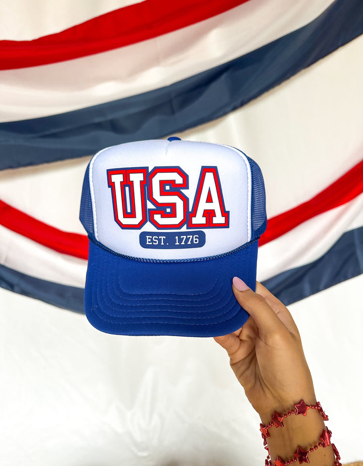 USA est 1776 White/Royal Trucker Hat