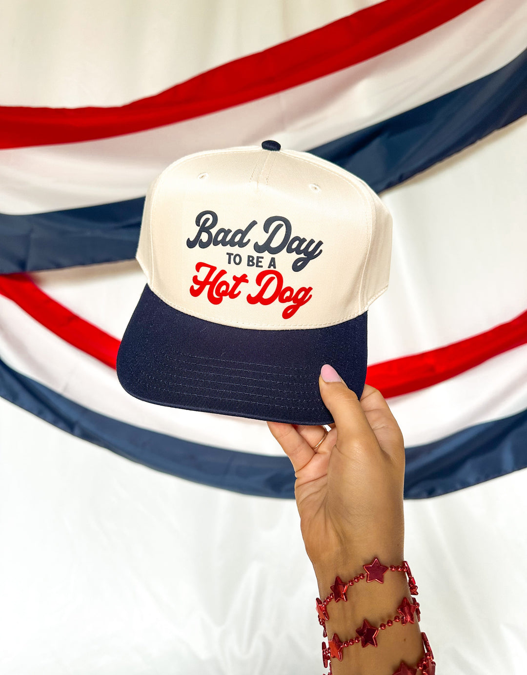 Bad Day To Be a Hotdog Cream/ Navy Canvas Trucker