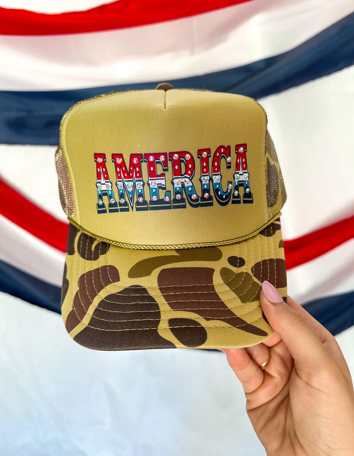 America Bedazzled Two Tone Camo Trucker Hat