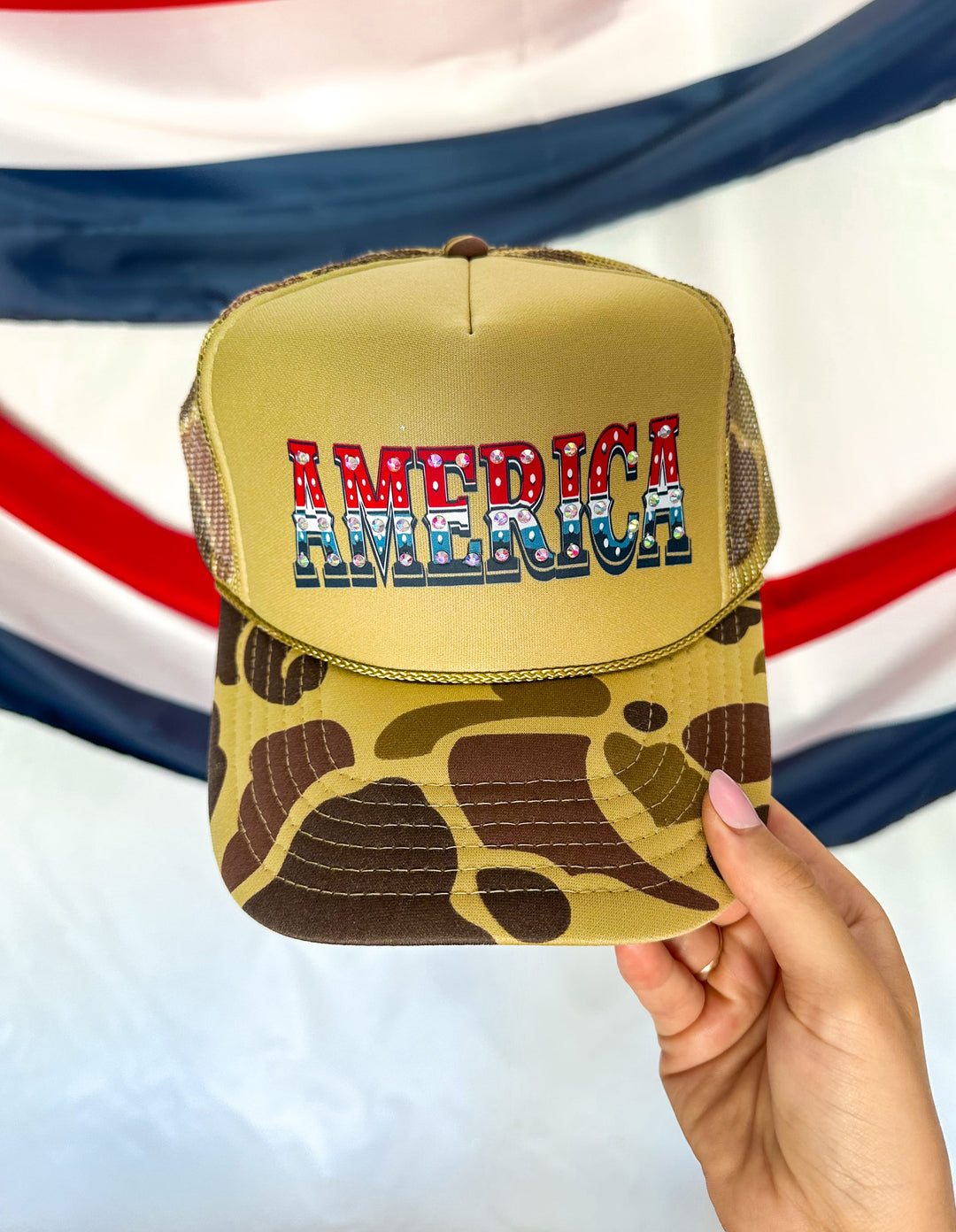 America Bedazzled Two Tone Camo Trucker Hat