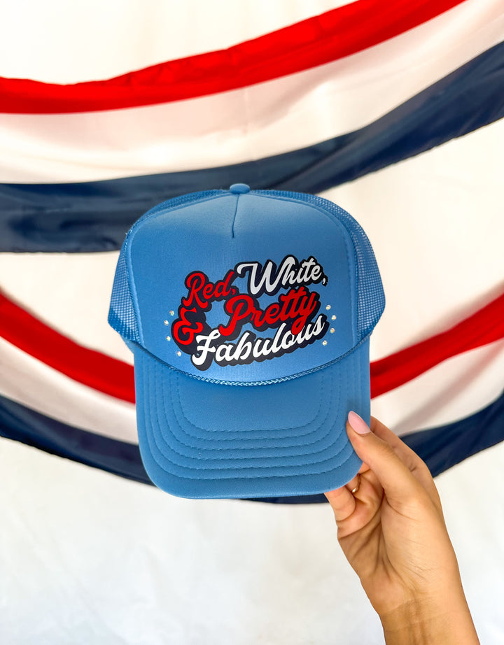 Red, White, & Pretty Fabulous Cloud Blue Bedazzled Trucker Hat