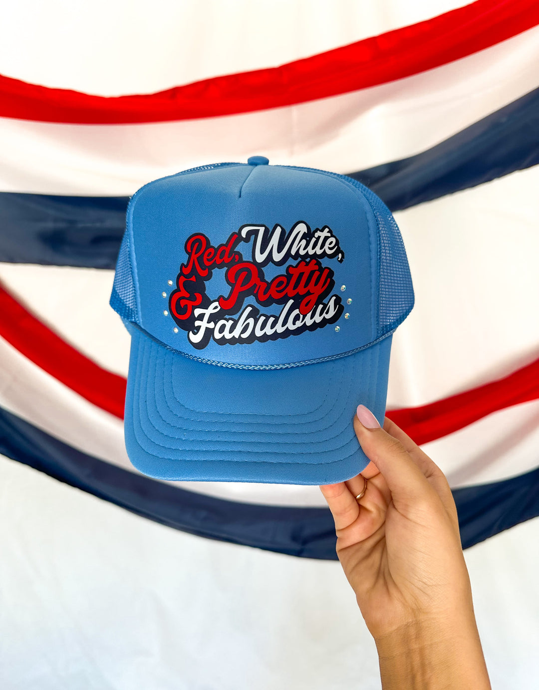 Red, White, & Pretty Fabulous Cloud Blue Bedazzled Trucker Hat
