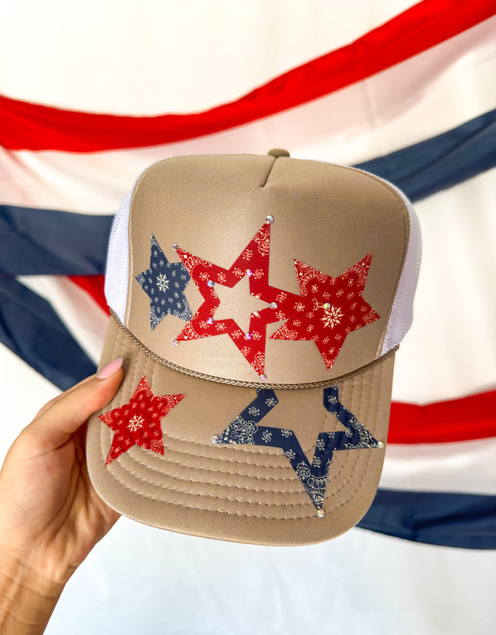 Bedazzled Multi Stars Khaki/White Trucker Hat