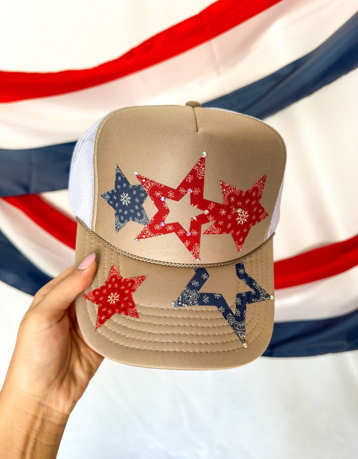 Bedazzled Multi Stars Khaki/White Trucker Hat