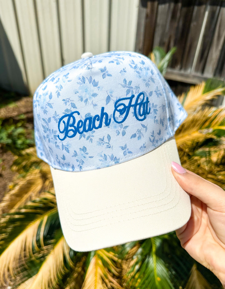 Beach Hat Cursive Floral White/Light Blue Trucker Hat