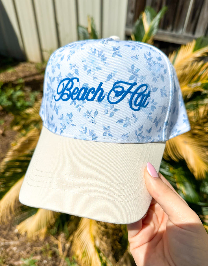 Beach Hat Cursive Floral White/Light Blue Trucker Hat