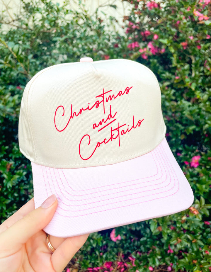 Christmas and Cocktails Tan/Light Pink Canvas Trucker Hat