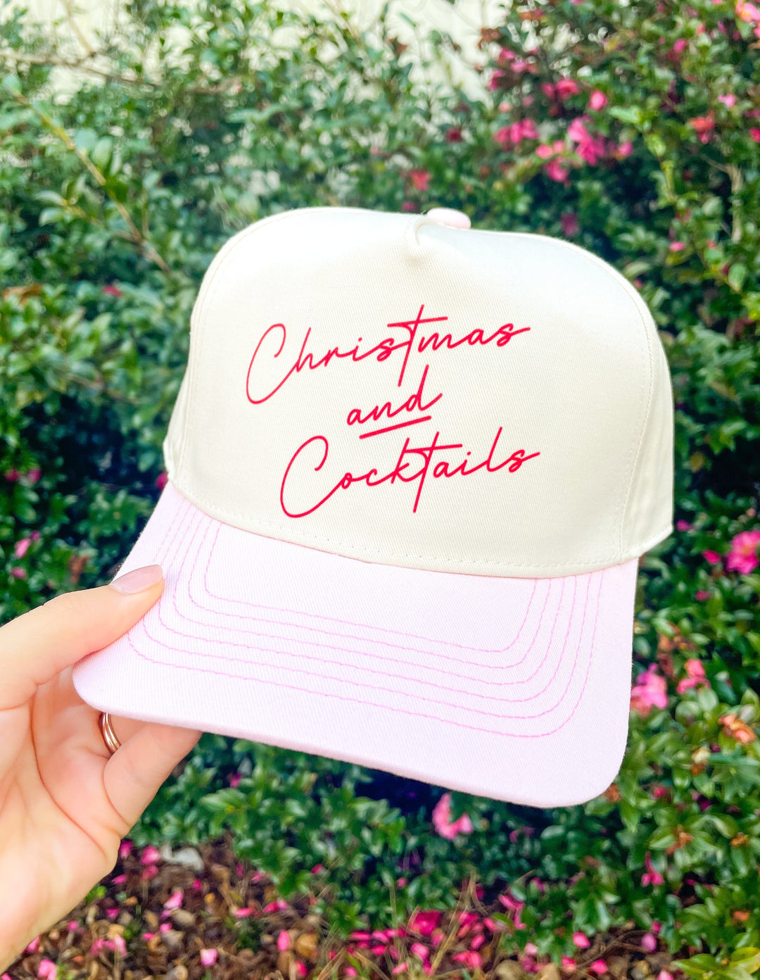 Christmas and Cocktails Tan/Light Pink Canvas Trucker Hat