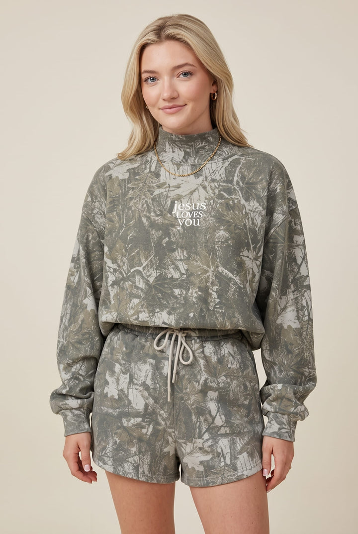 PREORDER ITEM (Estimated ship date 10/31) JESUS LOVES MINI Vintage Camo Mock Neck Sweatshirt