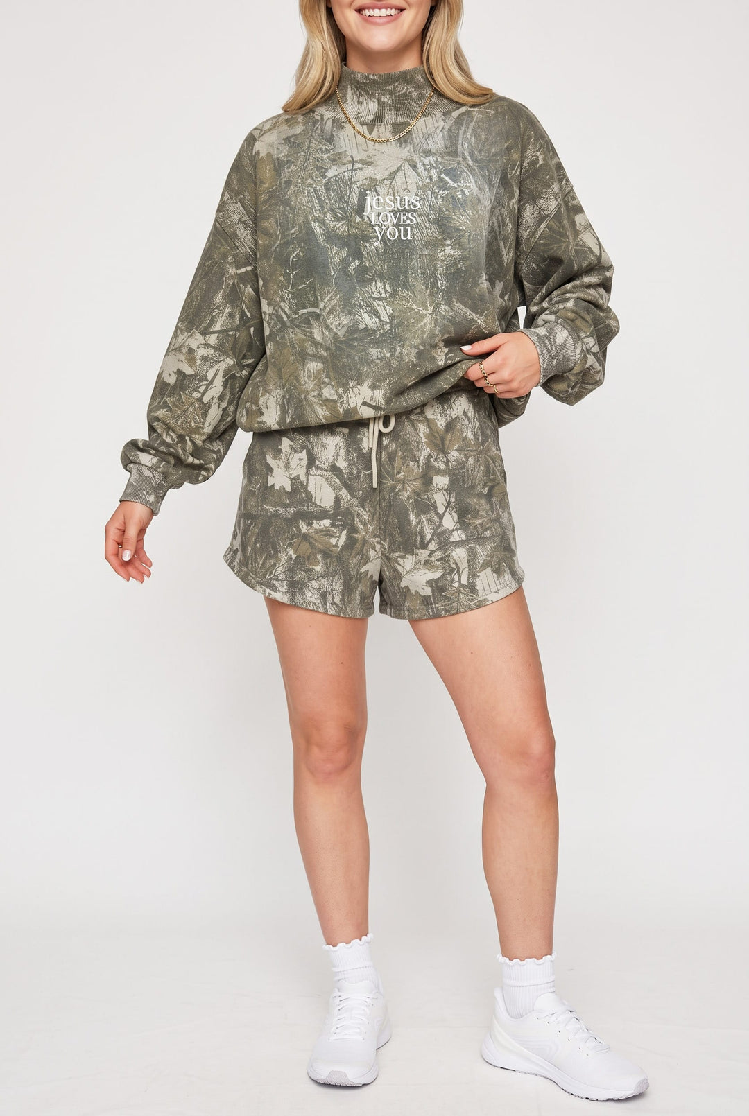 PREORDER ITEM (Estimated ship date 10/31) JESUS LOVES MINI Vintage Camo Mock Neck Sweatshirt