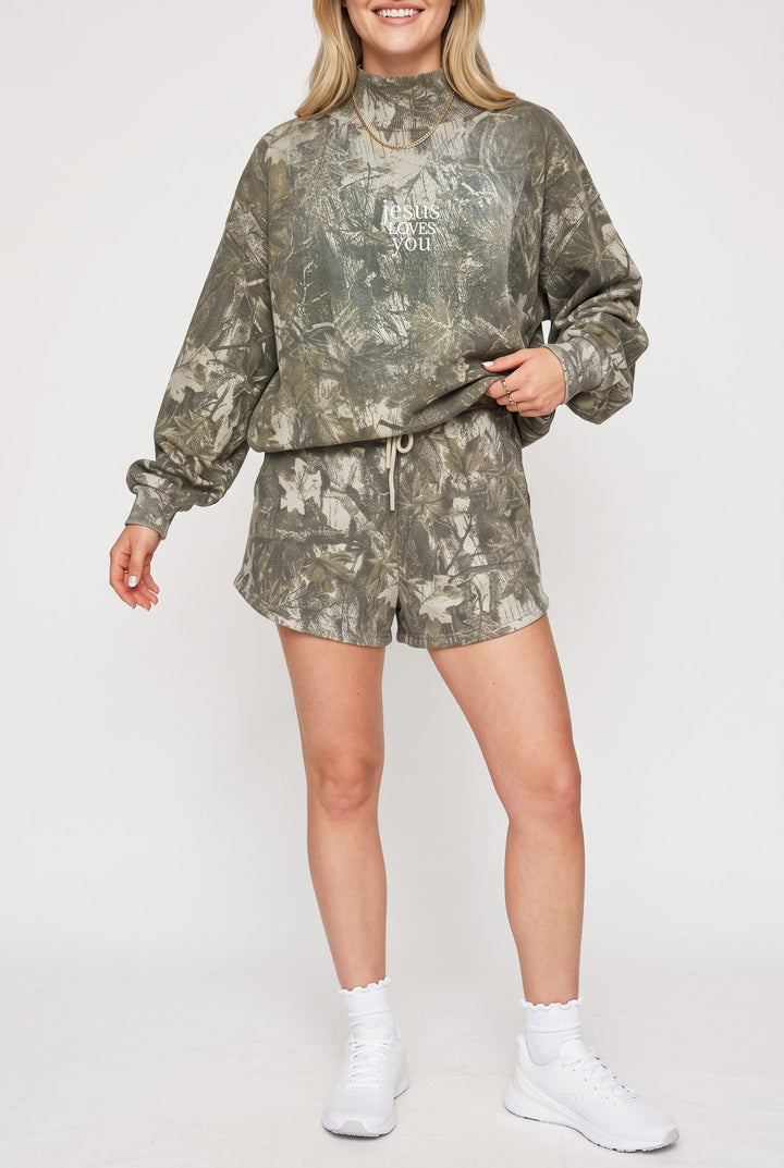 PREORDER ITEM (Estimated ship date 10/31) JESUS LOVES MINI Vintage Camo Mock Neck Sweatshirt
