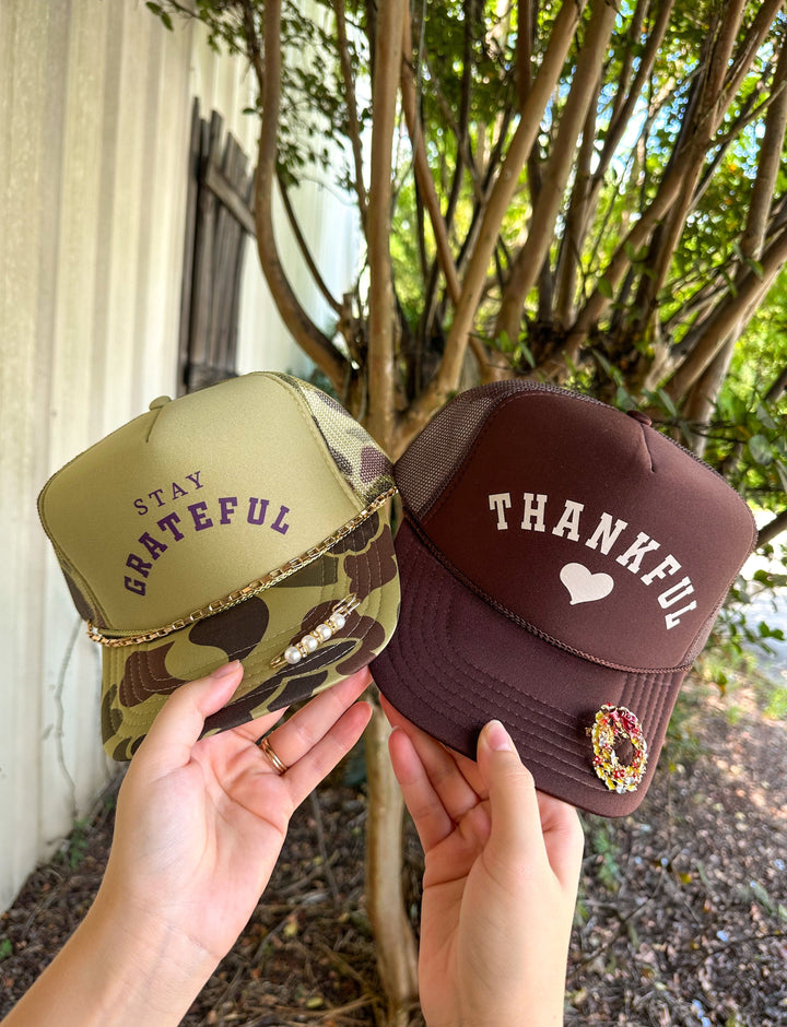Stay Grateful Two-Tone Camo Trucker