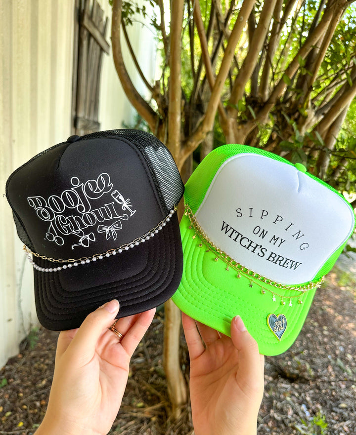 Sipping On My Witch's Brew White & Neon Green Trucker