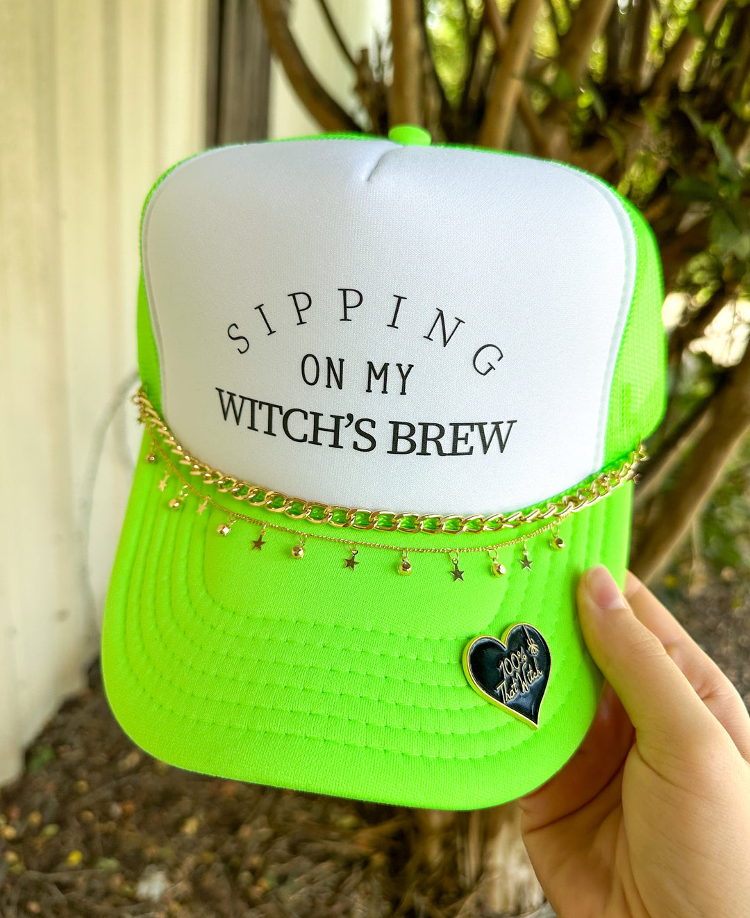 Sipping On My Witch's Brew White & Neon Green Trucker