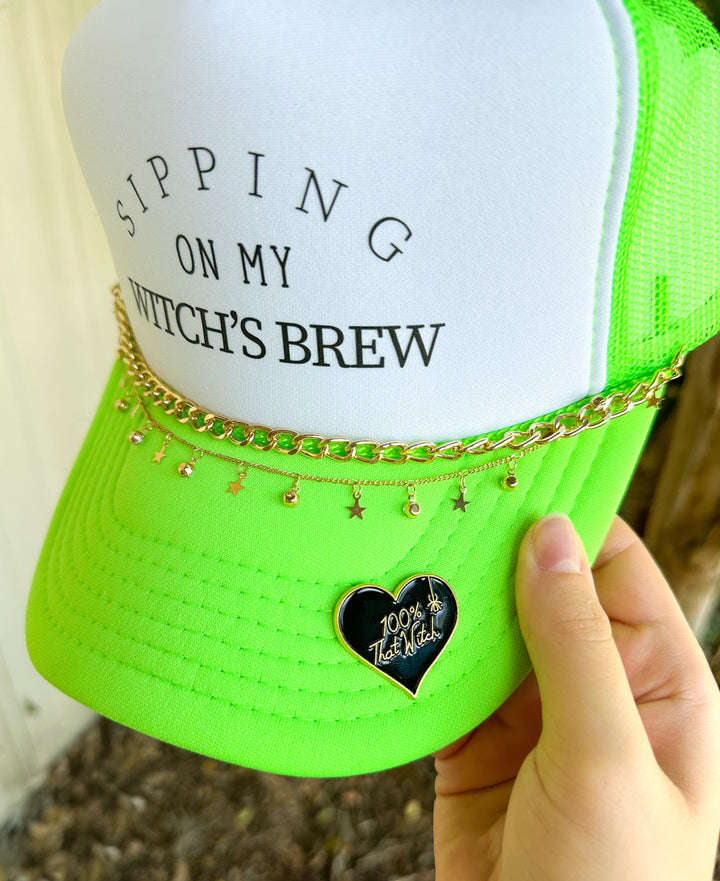 Sipping On My Witch's Brew White & Neon Green Trucker