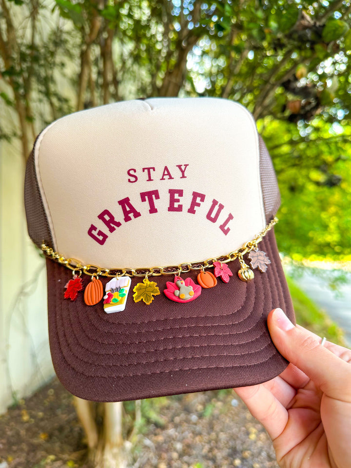 Stay Grateful Tan/Brown Trucker - Luxe Fall Charm Chain