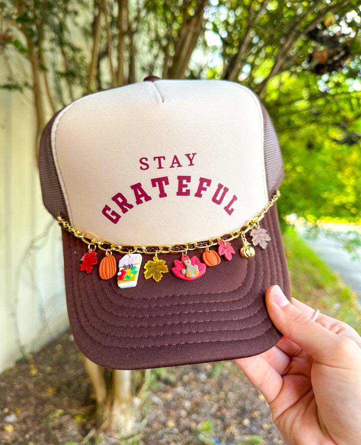 Stay Grateful Tan/Brown Trucker - Luxe Fall Charm Chain