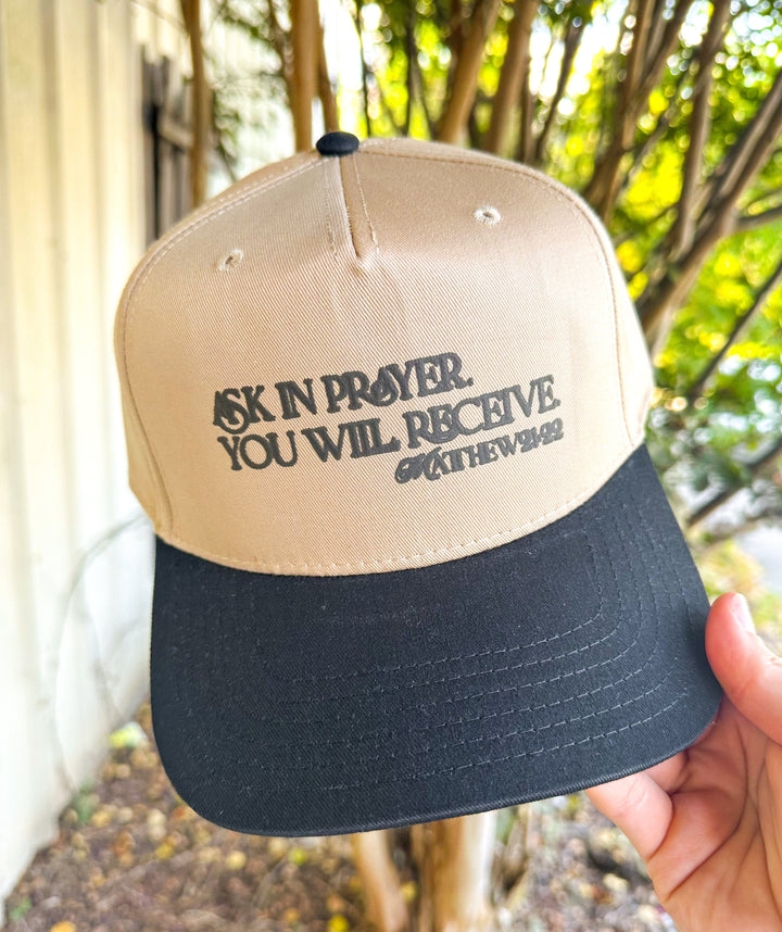 Ask In Prayer Tan/Black  Canvas Trucker Hat